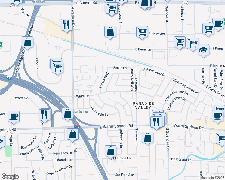 map of restaurants, bars, coffee shops, grocery stores, and more near 1288 White Drive in Las Vegas