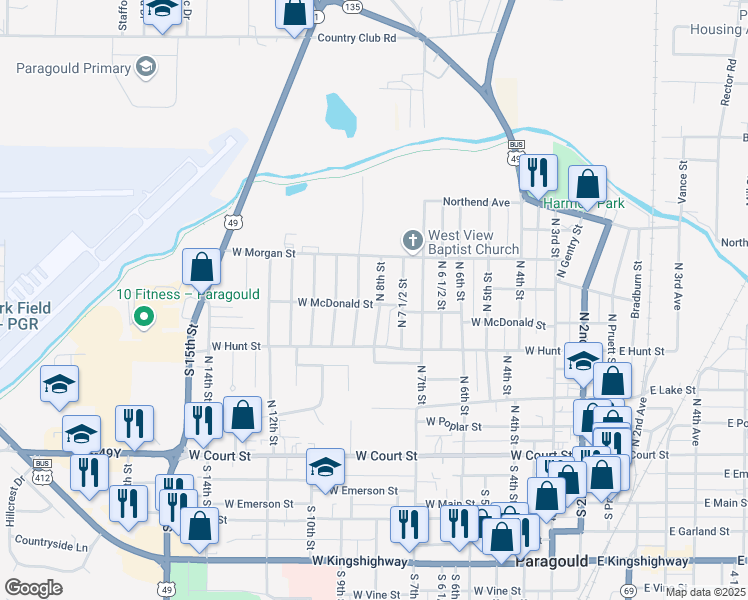 map of restaurants, bars, coffee shops, grocery stores, and more near 600 North 8th Street in Paragould