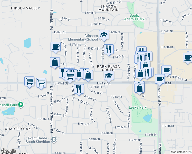map of restaurants, bars, coffee shops, grocery stores, and more near 6926 South 73rd East Avenue in Tulsa