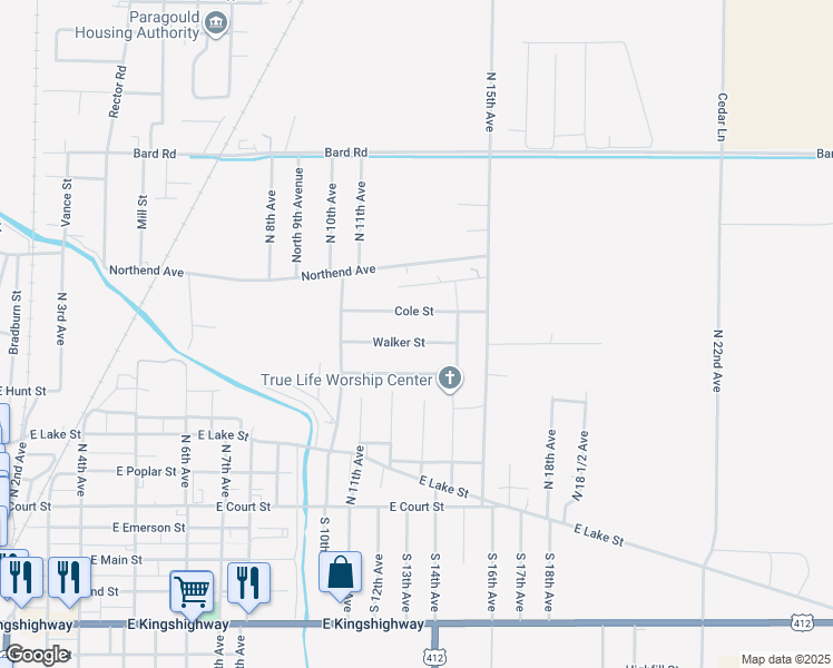 map of restaurants, bars, coffee shops, grocery stores, and more near 1301 Walker Street in Paragould