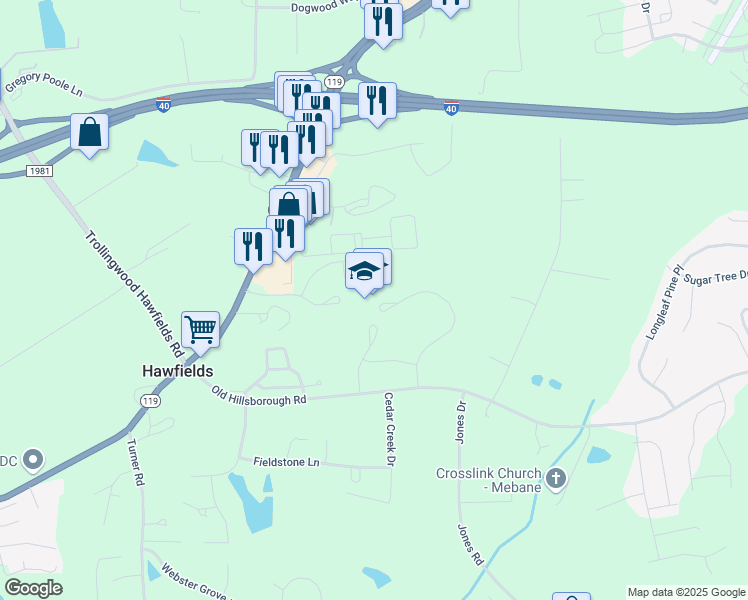 map of restaurants, bars, coffee shops, grocery stores, and more near 3224 Old Hillsborough Road in Mebane
