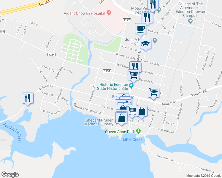 map of restaurants, bars, coffee shops, grocery stores, and more near 116 West Church Street in Edenton