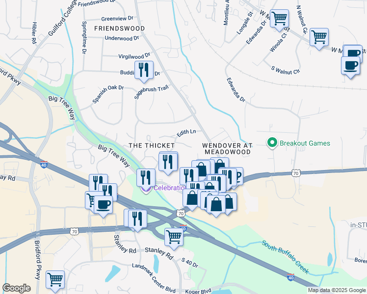 map of restaurants, bars, coffee shops, grocery stores, and more near 4223 Edith Lane in Greensboro