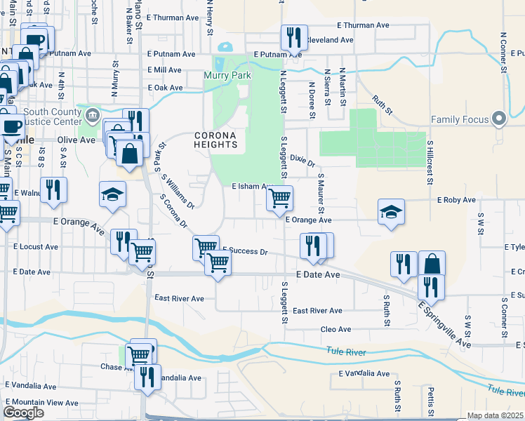 map of restaurants, bars, coffee shops, grocery stores, and more near 733 Andres Court in Porterville