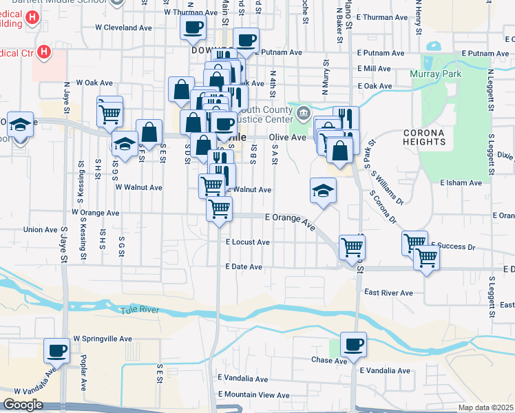 map of restaurants, bars, coffee shops, grocery stores, and more near 220 South B Street in Porterville
