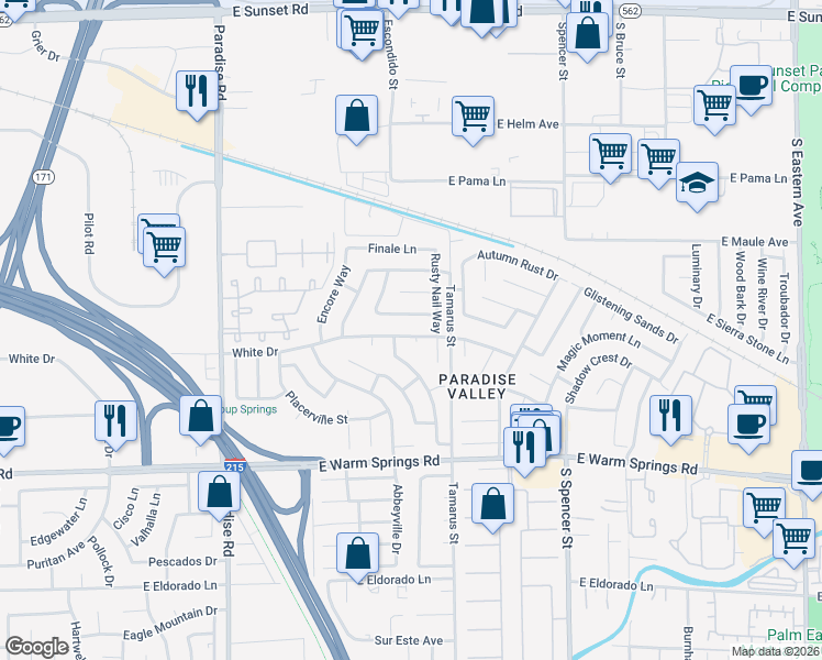 map of restaurants, bars, coffee shops, grocery stores, and more near 1386 White Drive in Las Vegas