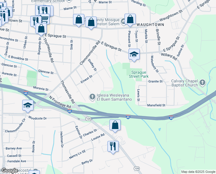 map of restaurants, bars, coffee shops, grocery stores, and more near 1315 Houston Street in Winston-Salem
