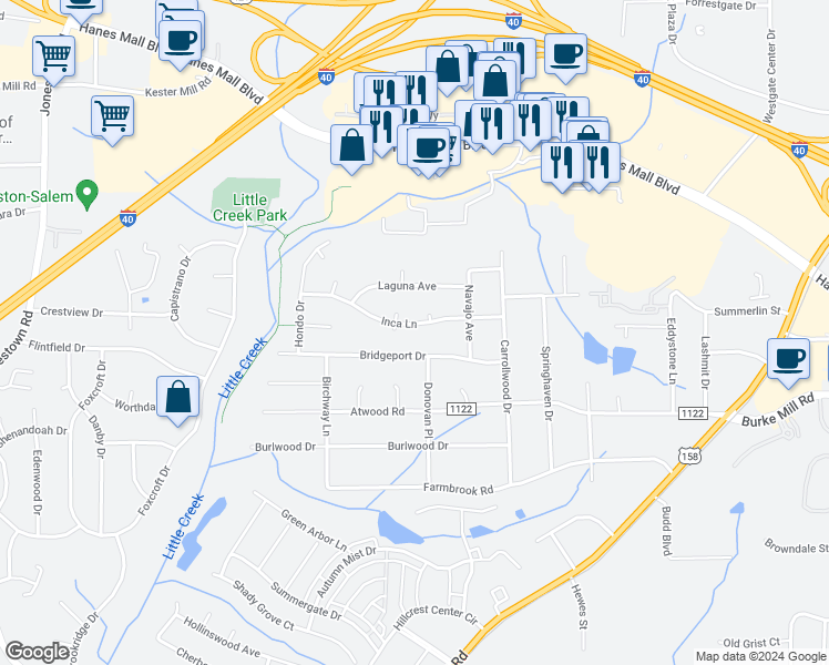 map of restaurants, bars, coffee shops, grocery stores, and more near 2742 Inca Lane in Winston-Salem