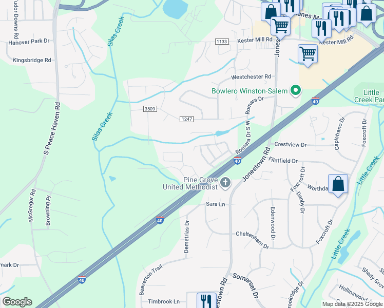 map of restaurants, bars, coffee shops, grocery stores, and more near 5097 Wyngate Village Drive in Winston-Salem