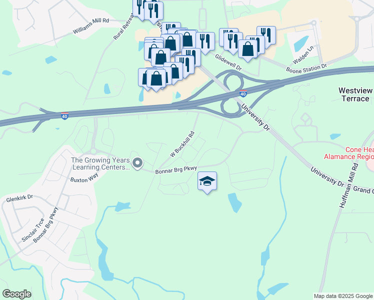 map of restaurants, bars, coffee shops, grocery stores, and more near 396 Perimeter Loop in Burlington