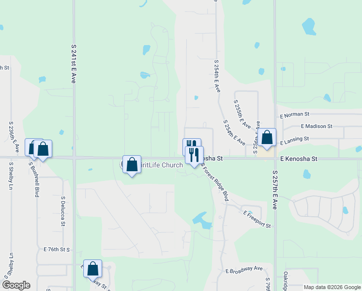 map of restaurants, bars, coffee shops, grocery stores, and more near 7030 South 250th East Avenue in Broken Arrow