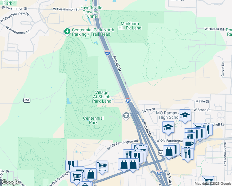 map of restaurants, bars, coffee shops, grocery stores, and more near 2815 West Hillshire Drive in Fayetteville