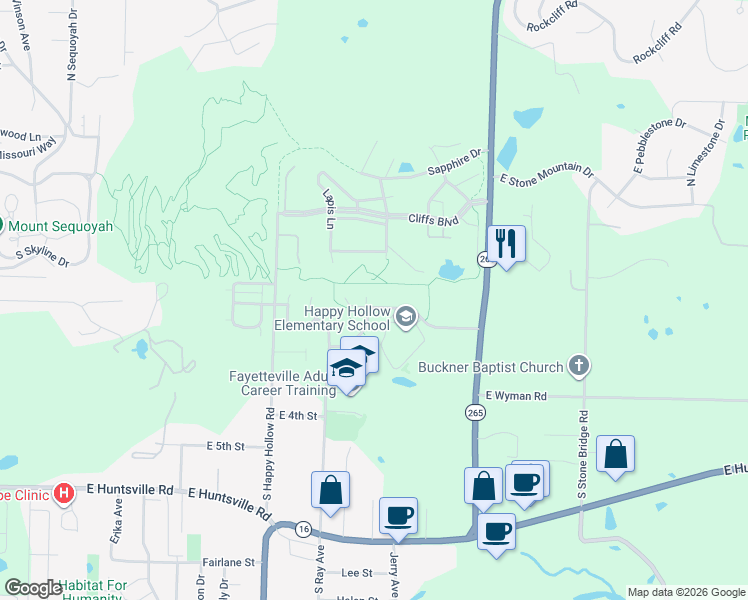 map of restaurants, bars, coffee shops, grocery stores, and more near 58 South Woodsprings Drive in Fayetteville