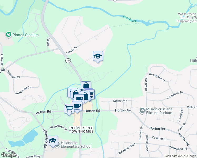map of restaurants, bars, coffee shops, grocery stores, and more near 1312 Nicklaus Drive in Durham