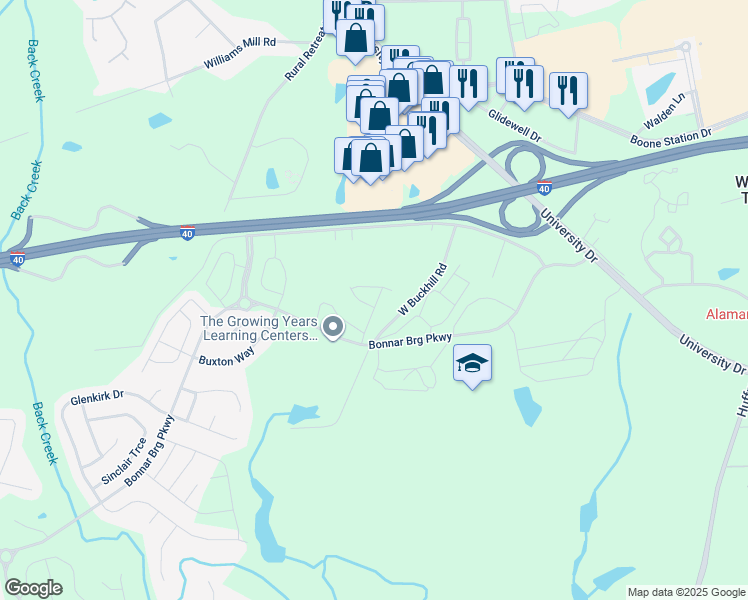 map of restaurants, bars, coffee shops, grocery stores, and more near 1128 Kenross Drive in Burlington