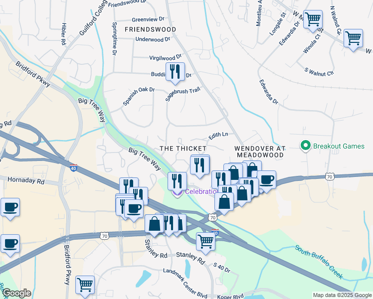 map of restaurants, bars, coffee shops, grocery stores, and more near 4336 Edith Lane in Greensboro