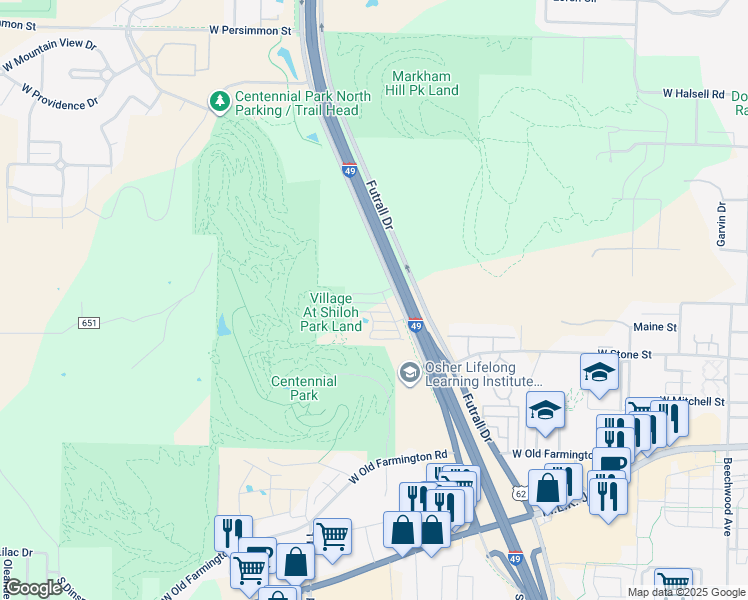 map of restaurants, bars, coffee shops, grocery stores, and more near 2836 West Hillshire Drive in Fayetteville