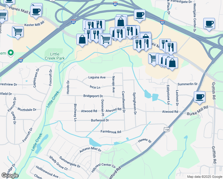 map of restaurants, bars, coffee shops, grocery stores, and more near 2913 Navajo Avenue in Winston-Salem