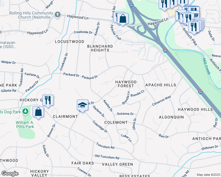 map of restaurants, bars, coffee shops, grocery stores, and more near 136 Colemont Drive in Nashville