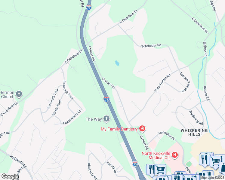 map of restaurants, bars, coffee shops, grocery stores, and more near 8107 Conner Road in Powell