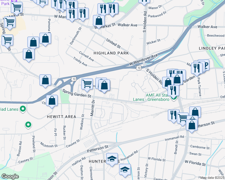 map of restaurants, bars, coffee shops, grocery stores, and more near 3507 Brevard Street in Greensboro