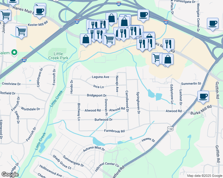 map of restaurants, bars, coffee shops, grocery stores, and more near 2712 Inca Lane in Winston-Salem