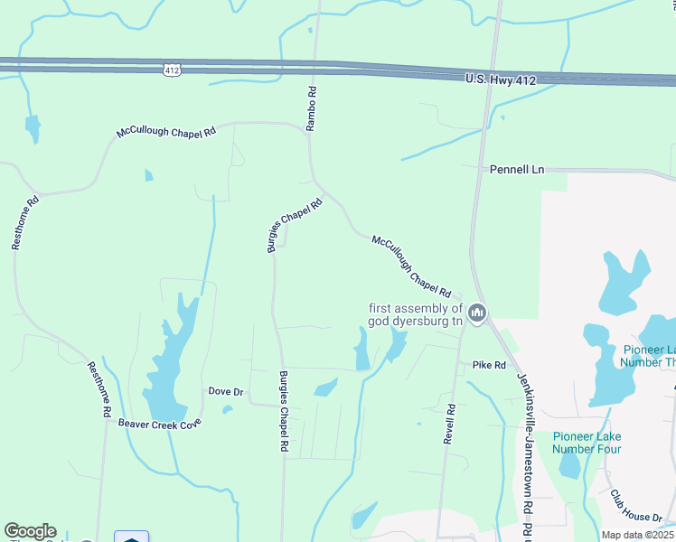 map of restaurants, bars, coffee shops, grocery stores, and more near 401 McCullough Chapel Road in Dyersburg