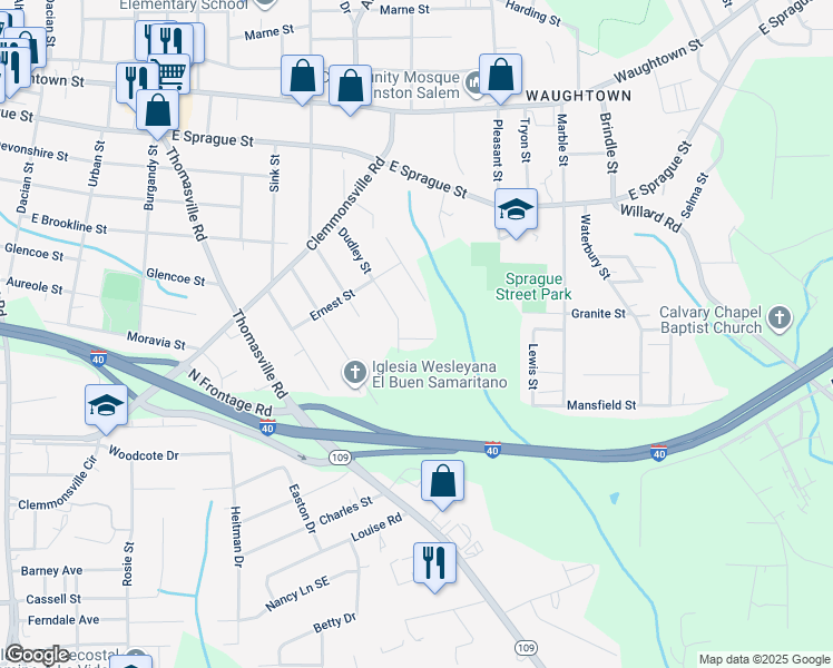 map of restaurants, bars, coffee shops, grocery stores, and more near 1315 Houston Street in Winston-Salem