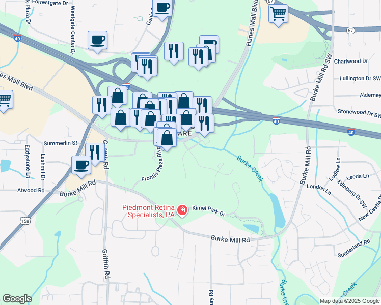 map of restaurants, bars, coffee shops, grocery stores, and more near Brookview Hills Boulevard in Winston-Salem
