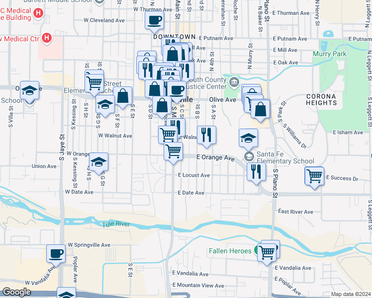 map of restaurants, bars, coffee shops, grocery stores, and more near 216 South C Street in Porterville