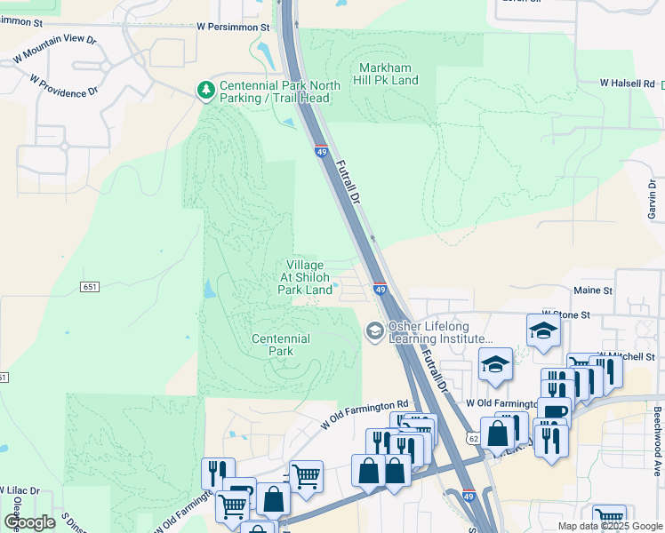 map of restaurants, bars, coffee shops, grocery stores, and more near 2815 West Hillshire Drive in Fayetteville