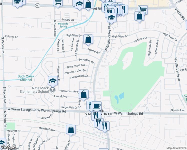 map of restaurants, bars, coffee shops, grocery stores, and more near 2350 Belvedere Drive in Henderson