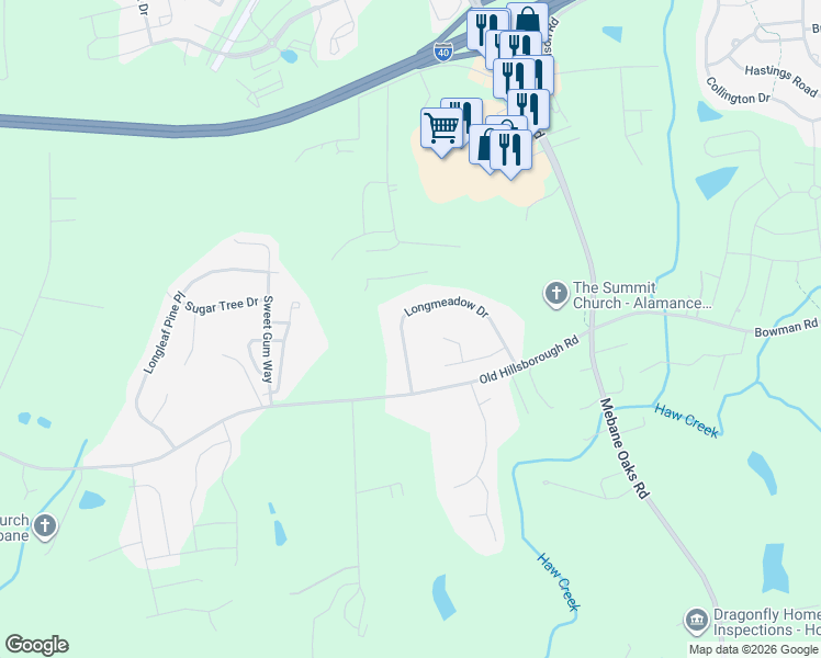 map of restaurants, bars, coffee shops, grocery stores, and more near 3814 Long Meadow Drive in Mebane