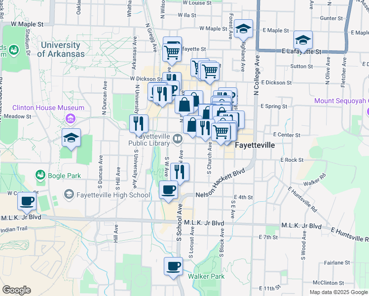 map of restaurants, bars, coffee shops, grocery stores, and more near 102 South School Avenue in Fayetteville