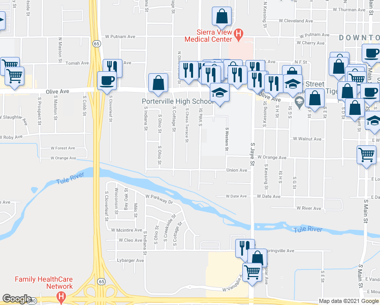 map of restaurants, bars, coffee shops, grocery stores, and more near 242 South Chess Terrace Street in Porterville