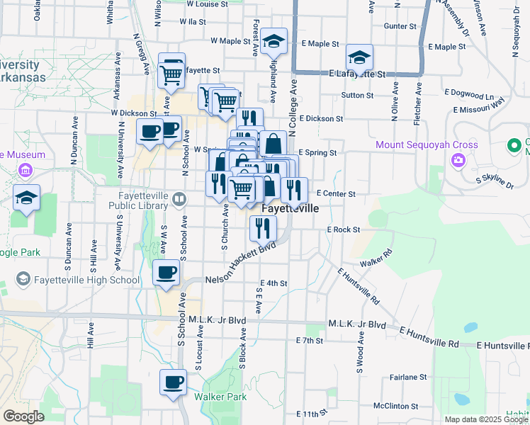 map of restaurants, bars, coffee shops, grocery stores, and more near 112 South East Avenue in Fayetteville