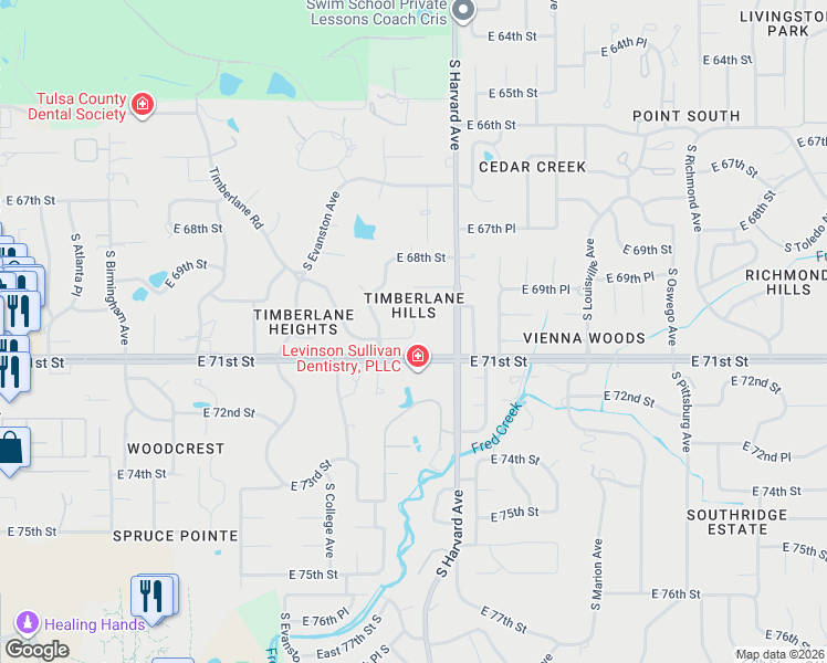 map of restaurants, bars, coffee shops, grocery stores, and more near 6921 South Gary Avenue in Tulsa