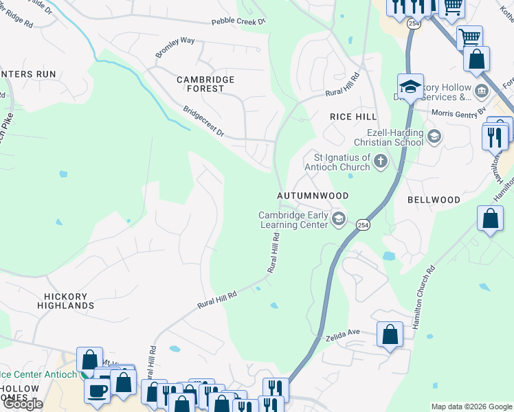 map of restaurants, bars, coffee shops, grocery stores, and more near 1265 Rural Hill Road in Nashville