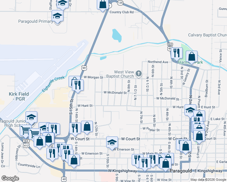 map of restaurants, bars, coffee shops, grocery stores, and more near 520 North 9 1/2 Street in Paragould