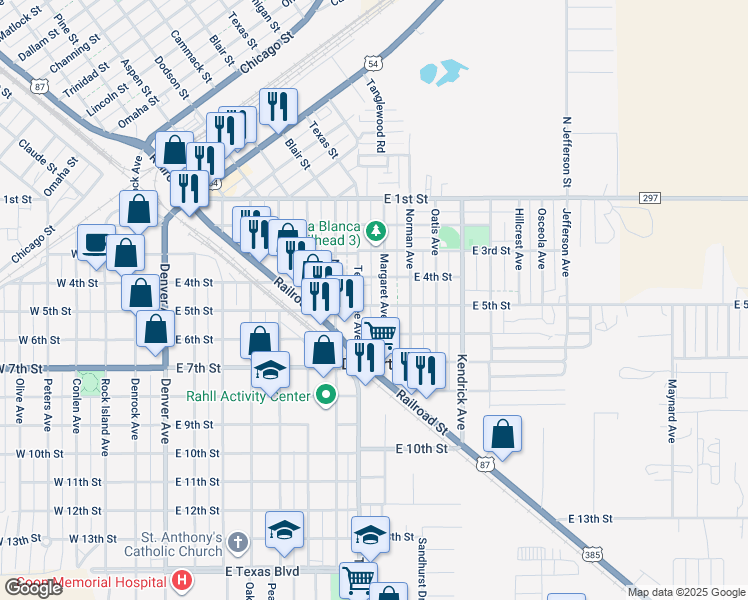 map of restaurants, bars, coffee shops, grocery stores, and more near 917 East 5th Street in Dalhart