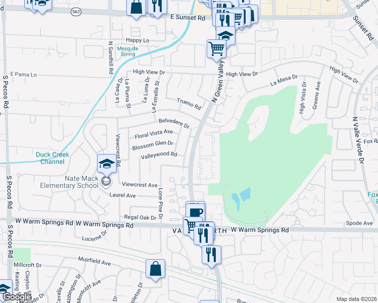 map of restaurants, bars, coffee shops, grocery stores, and more near 2350 Belvedere Drive in Henderson