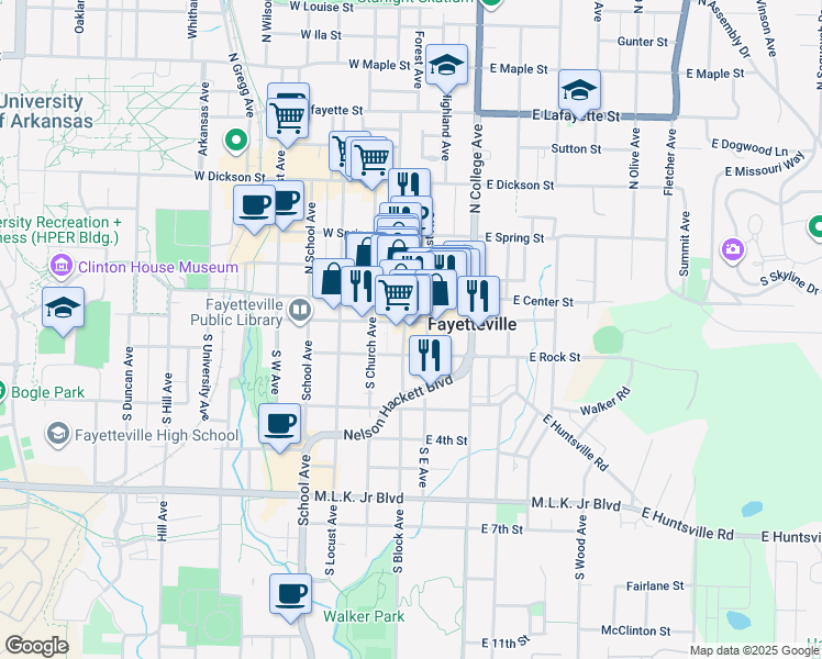 map of restaurants, bars, coffee shops, grocery stores, and more near in Fayetteville