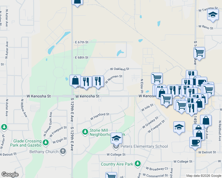 map of restaurants, bars, coffee shops, grocery stores, and more near 3012 West Lansing Street in Broken Arrow