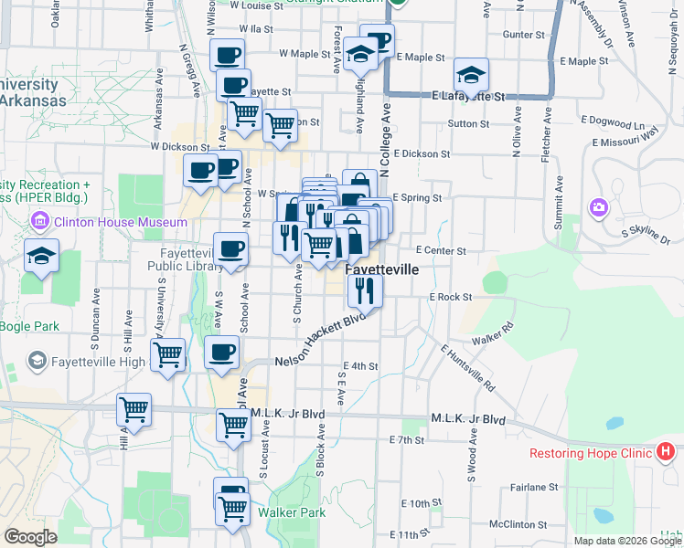 map of restaurants, bars, coffee shops, grocery stores, and more near in Fayetteville