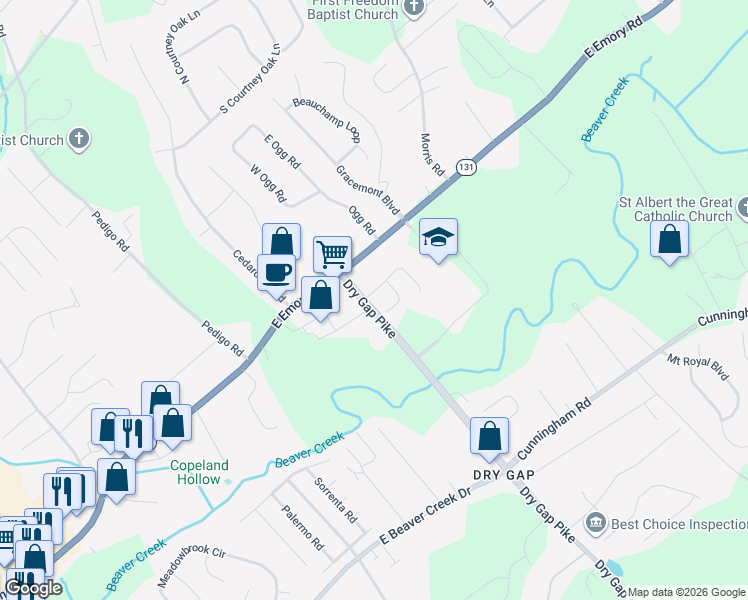 map of restaurants, bars, coffee shops, grocery stores, and more near 1504 Emerald Pointe Lane in Knoxville