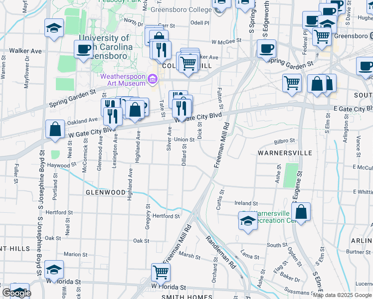 map of restaurants, bars, coffee shops, grocery stores, and more near 811 Dillard Street in Greensboro