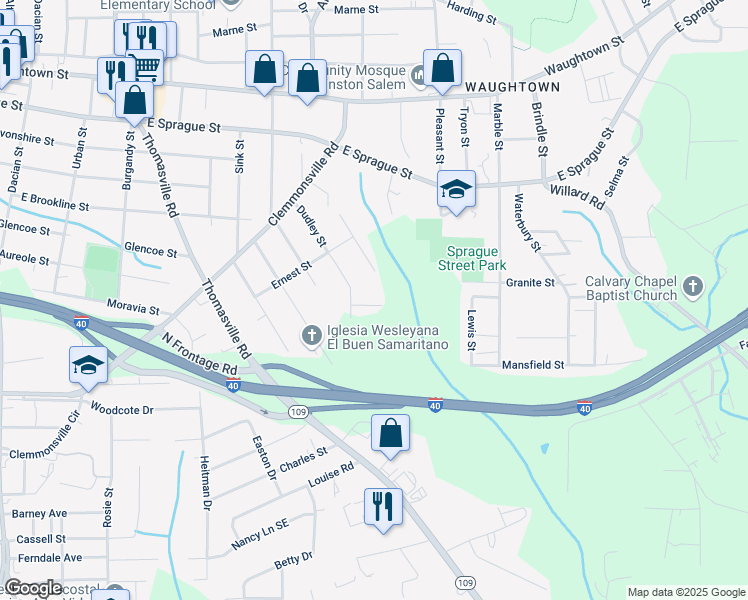 map of restaurants, bars, coffee shops, grocery stores, and more near 1323 Houston Street in Winston-Salem