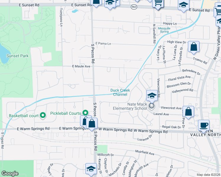 map of restaurants, bars, coffee shops, grocery stores, and more near 7080 South Pecos Road in Las Vegas