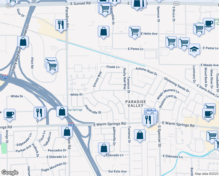 map of restaurants, bars, coffee shops, grocery stores, and more near 1288 White Drive in Las Vegas