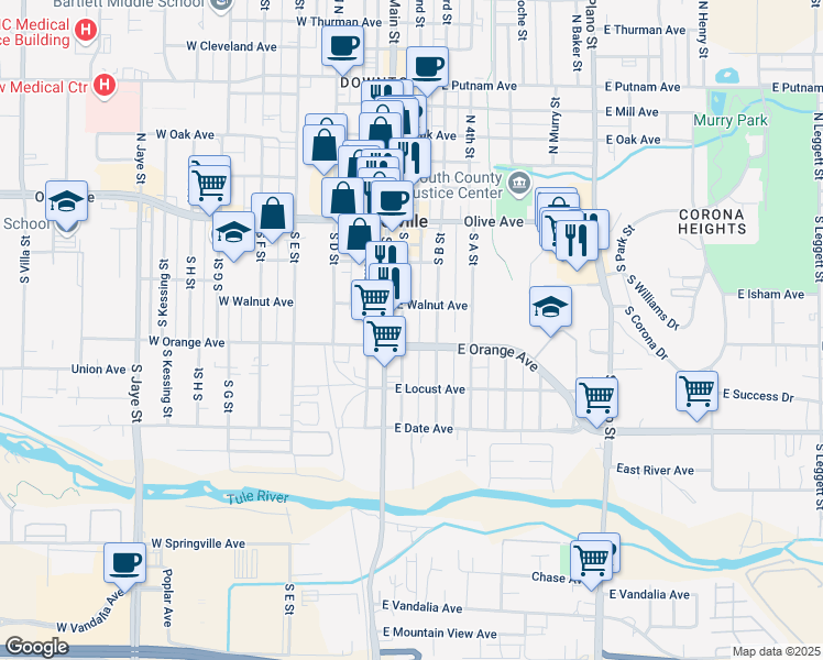 map of restaurants, bars, coffee shops, grocery stores, and more near 230 South Main Street in Porterville